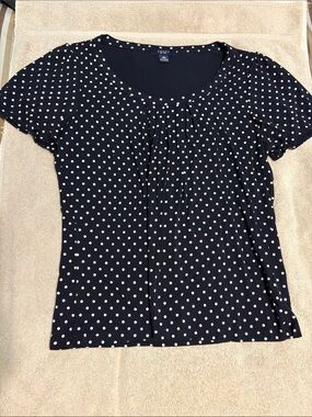 Chaps Navy and White Polka Dot Short Sleeve Scoop Neck Top